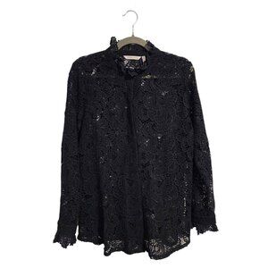 SOFT SURROUNDINGS Lasalle Lace Long sleeve sheer button front top black L‎